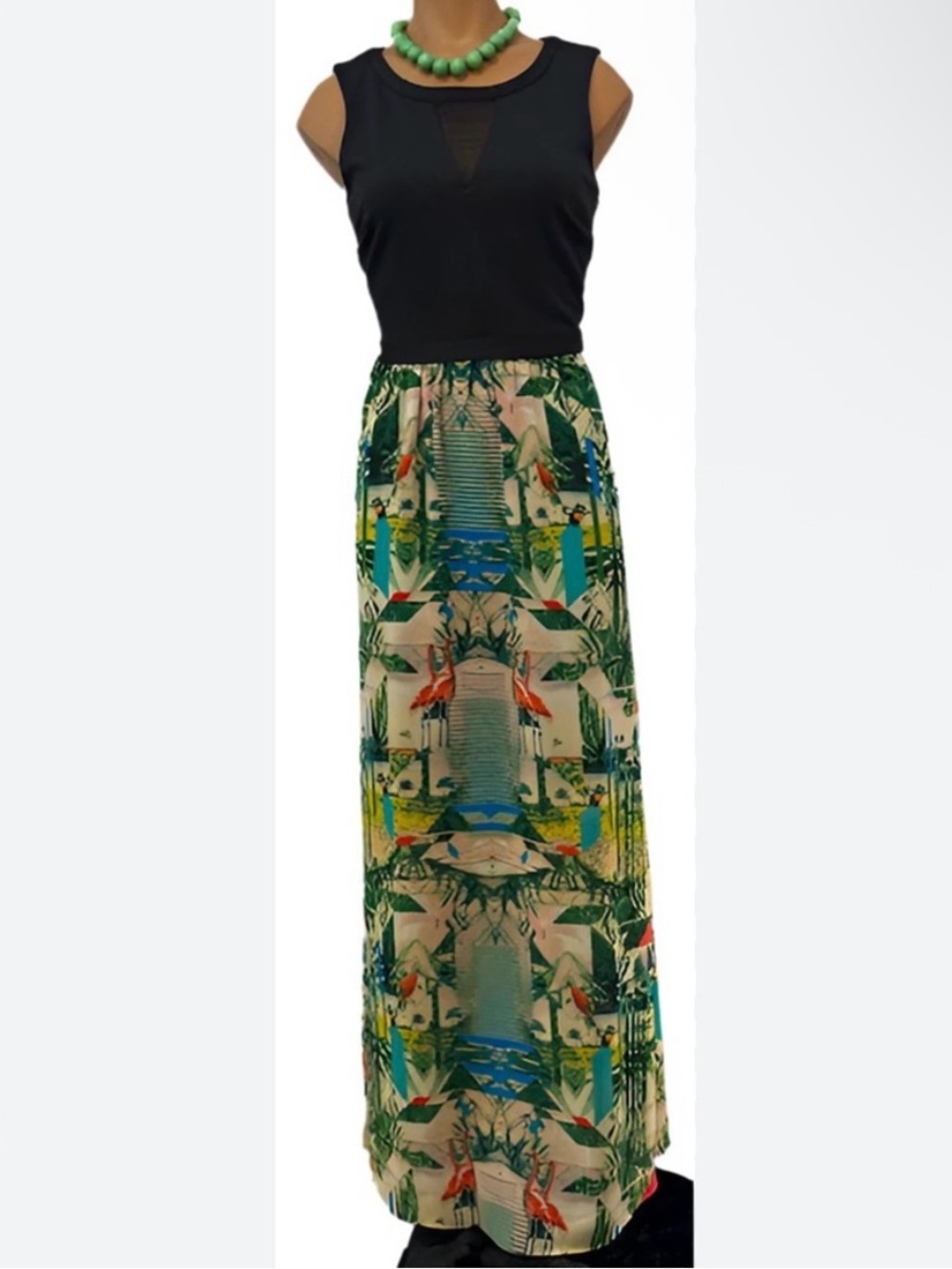 Nicole Miller Dress 14 Maxi Tropical Flamingo Bird Palm Tree Vacation Beach